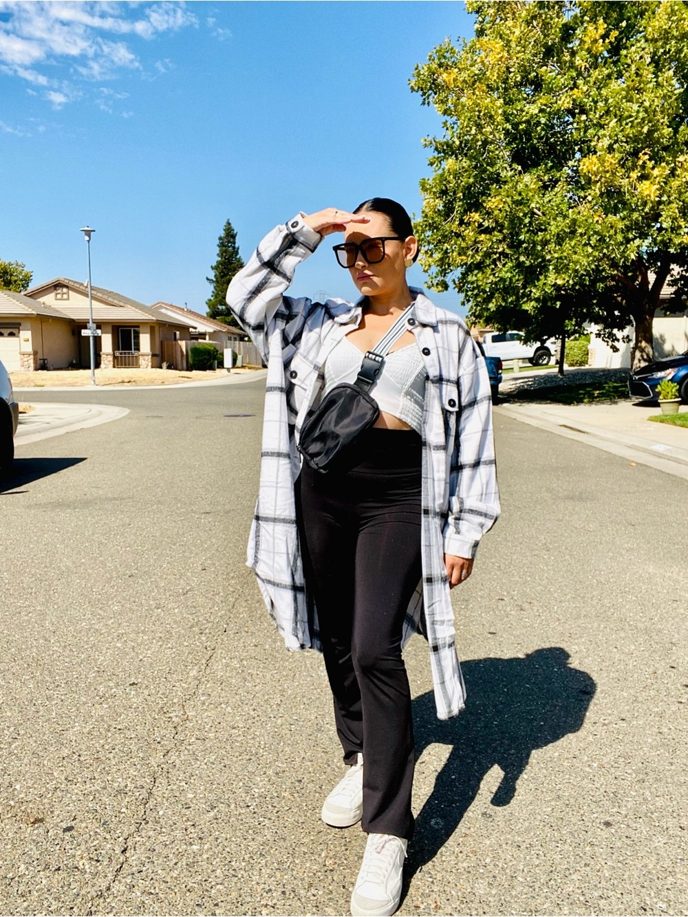 HYFVE White and Black Plaid Long Trench Coat